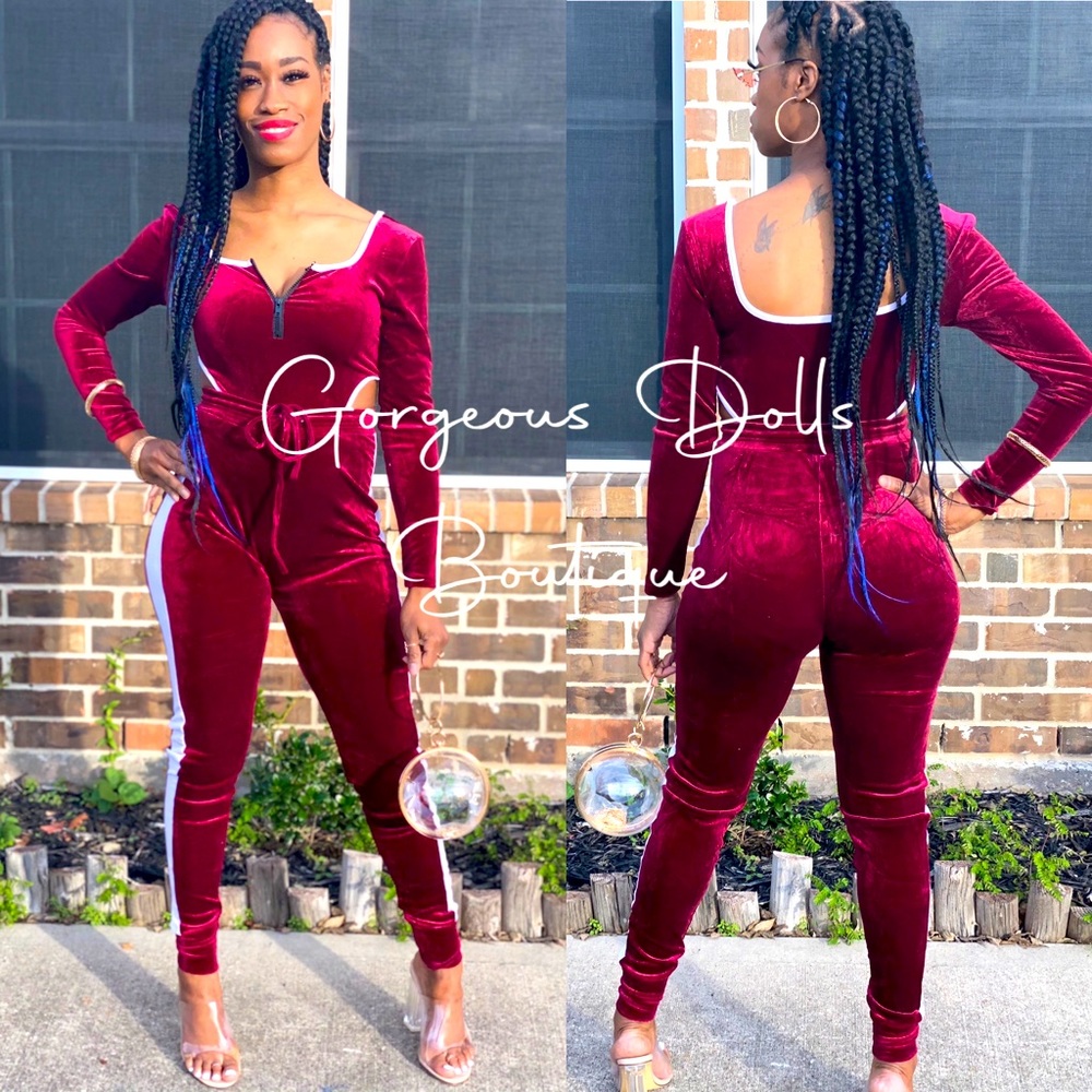 High Waist Long Sleeve Cut Out Velvet Jumpsuit